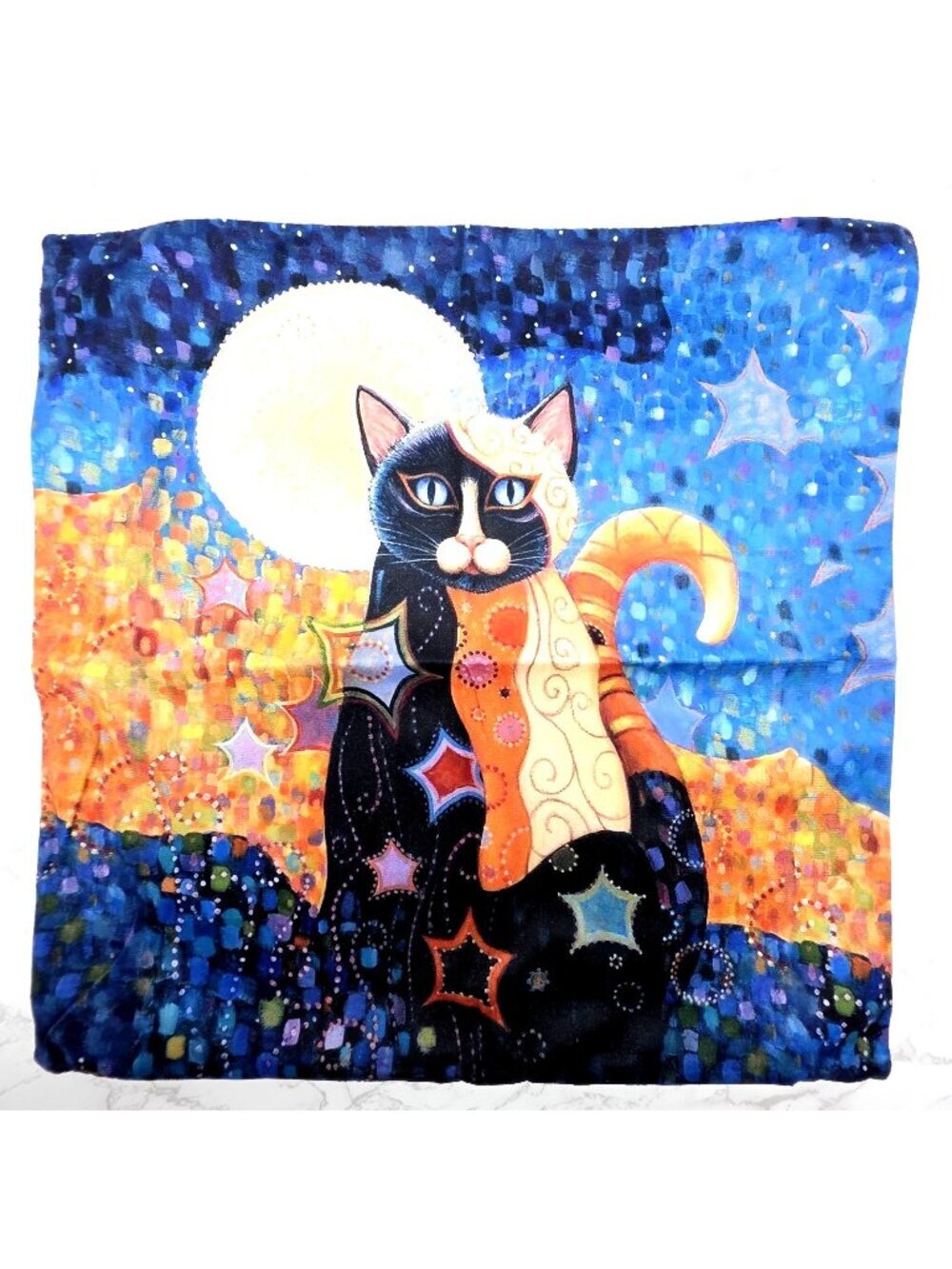 2 Calico Cat Art Pillow Covers Whimsical Print Velvet Hippie Chic Boho Celestial
